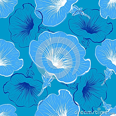 Petunia flower seamless pattern. Petunia flowers blue background. Vector illustration Vector Illustration