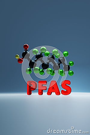 PFAS Per- and poly-fluoroalkyl substances - 3D molecule conformer - vertical Stock Photo