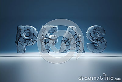 PFAS sign on a blue background - crashing in a small particles conceptual 3D render Cartoon Illustration