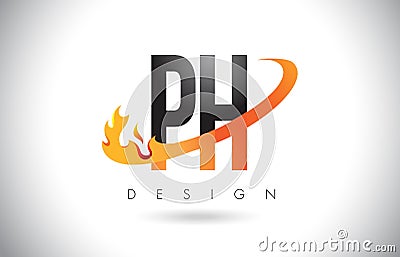 PH P H Letter Logo with Fire Flames Design and Orange Swoosh. Vector Illustration