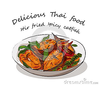 Phad Phed Pla Duk Throd Krob Stir fried Deep fried Catfish with Curry Paste Vector Illustration