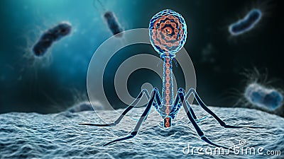 Phage inserting its DNA into a bacterium 3D rendering illustration close-up. Microbiology, medical, bacteriology, biology, science Cartoon Illustration