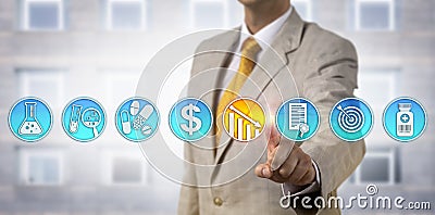 Pharma Business Manager Lowering Drug Price Stock Photo