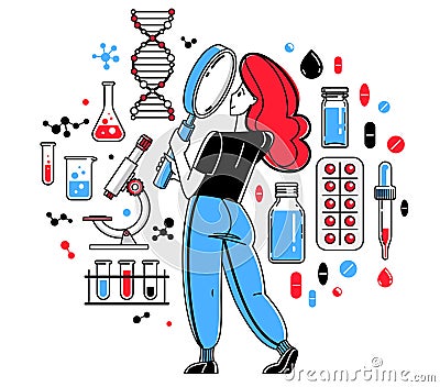 Pharma research to create new drugs, vaccines or other medicine, vector illustration of scientist working in laboratory searching Vector Illustration