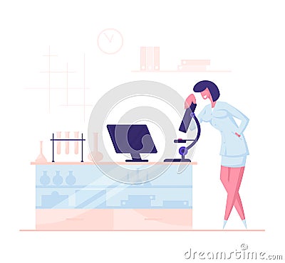 Pharmaceutic or Chemical Laboratory Research, Experiment Concept. Woman Scientist Character Working in Chemistry Lab Vector Illustration
