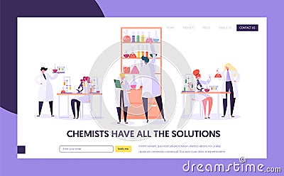 Pharmaceutic Lab Research Concept Landing Page. Doctor Man Character and Woman Assistant in Medical Uniform. Microscope Vector Illustration