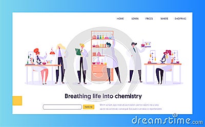 Pharmaceutic Laboratory Research Concept Landing Page. Scientist Character Working in Chemistry Lab. Medical Equipment Vector Illustration