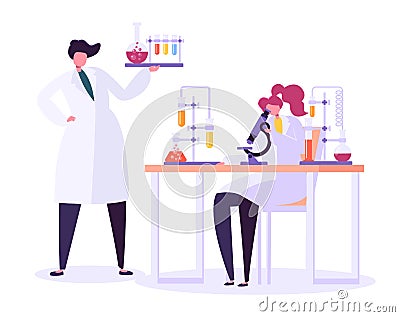 Pharmaceutic Laboratory Research Concept. Scientists Characters Working in Chemistry Lab with Medical Equipment Vector Illustration