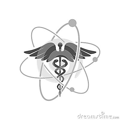 Pharmaceutical caduceus logo design. custom snake creeping stick with wings illustration. Asclepius`s Wand vector symbol design Vector Illustration