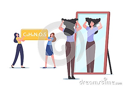 Pharmaceutical Collagen and Food Contain Natural Ingredients. Female Characters Applying Biotin Supplement Vector Illustration