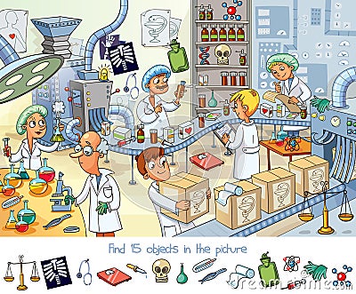 Pharmaceutical factory. Find 15 objects in the picture Vector Illustration