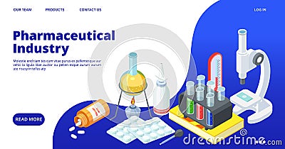 Pharmaceutical industry landing page. Isometric drugs development vector web banner. Chemical equipment, pills, vitamins Vector Illustration