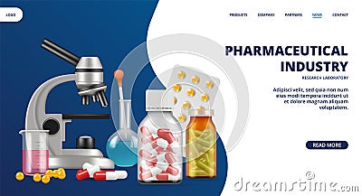 Pharmaceutical industry landing page. Medicine, research laboratory vector web banner. Realistic pills and lab equipment Vector Illustration