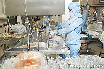 Pharmaceutical industry. physiological solution production. Stock Photo