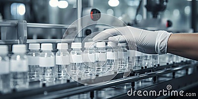 Pharmaceutical machine working, pharmaceutical glass bottles production line Stock Photo