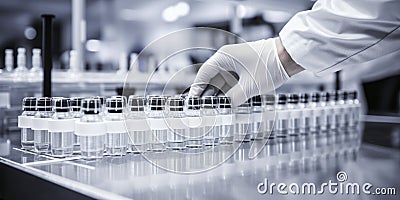 Pharmaceutical machine working, pharmaceutical glass bottles production line Stock Photo