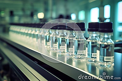 Pharmaceutical Manufacturing Medical Vials on Production Line in Pharmaceutical Factory, Demonstrating Industry Excellence. Stock Photo