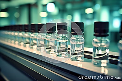 Pharmaceutical Manufacturing Medical Vials on Production Line in Pharmaceutical Factory, Demonstrating Industry Excellence. Stock Photo