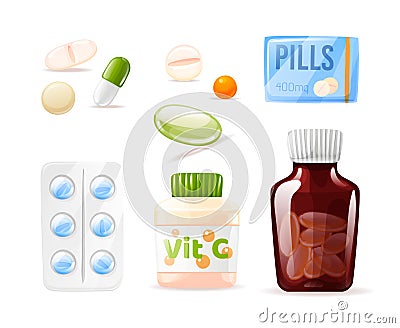 Pharmaceutical medical packaging pills mockup. Pharmacy medications. Medicine drugs, pharmaceutical treatment, medicine pills Vector Illustration