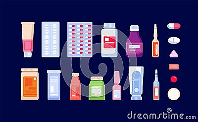 Pharmaceutical medications. Pharmacy bottle, medicinal drug and pills. Cartoon flat painkiller, drugstore antibiotic Vector Illustration