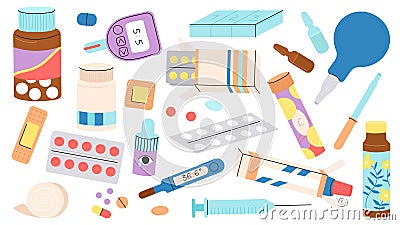 Pharmaceutical medications and tools. Medicine thermometer, isolated pills and glucometer. Hospital pharmacy drugs Vector Illustration