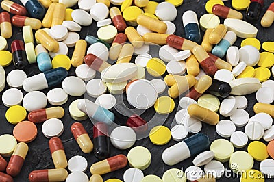 Pharmaceutical medicine pills, tablets and capsules different colors. Medicine tablets and pills Stock Photo