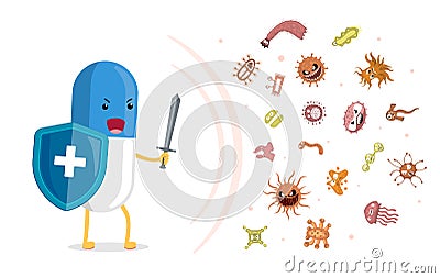 Pharmaceutical pill protects health and fights contagious viruses and germs. Character strong medicine with medical Vector Illustration