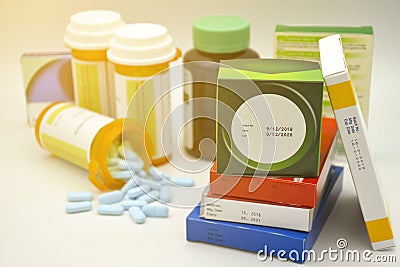 Pharmaceutical products with manufacturing date and expiry date on package Stock Photo