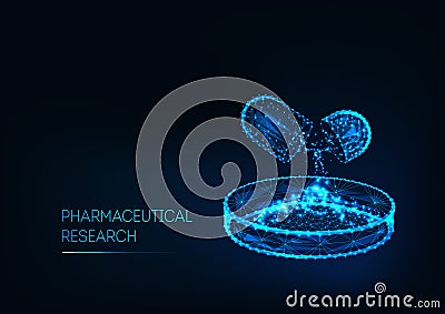 Pharmaceutical research concept with medicine pill and Petri dish and text isolated on dark blue. Vector Illustration