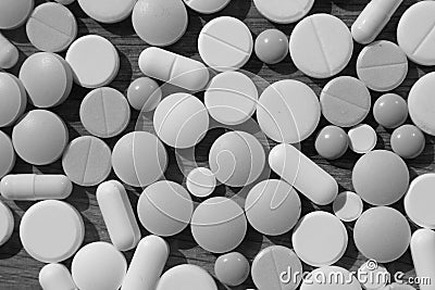 Pharmaceutical tablet, medicines, respiratory masks Stock Photo
