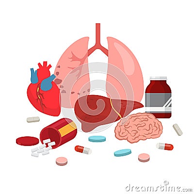 Pharmaceuticals medicaments for various organs of human body treatment illustration. Heart, lungs, liver, brain. Pills Cartoon Illustration