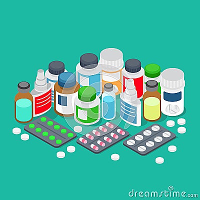 Pharmaceutics pharmacy drug store pills flat 3d isometric vector Vector Illustration