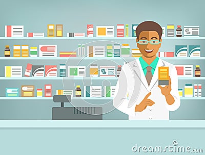 Pharmacist black man with medicine at counter in pharmacy Vector Illustration