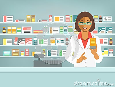 Pharmacist black woman with medicine at counter in pharmacy Vector Illustration