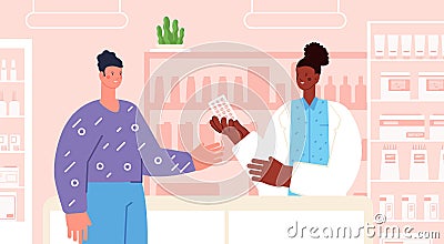 Pharmacist consult. Pharmacy seller sell drug, medication drugstore. Patient and doctor at counter with pills. Medicine Vector Illustration