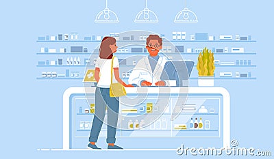 Pharmacist doctor and patient in the drugstore. A client woman buys drugs at a pharmacy Cartoon Illustration
