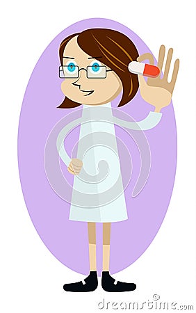 Pharmacist holding in hand a pill Vector Illustration