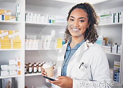 Pharmacist, phone or portrait of happy woman with coffee texting in pharmacy to contact email or online chat. Social Stock Photo