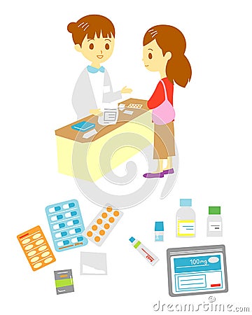 Pharmacists office and patient, medical supplies Vector Illustration