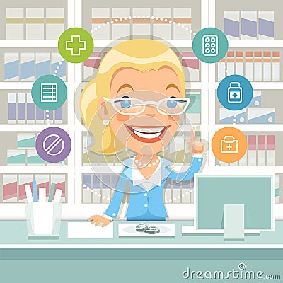 Pharmacist Woman Behind the Counter Vector Illustration