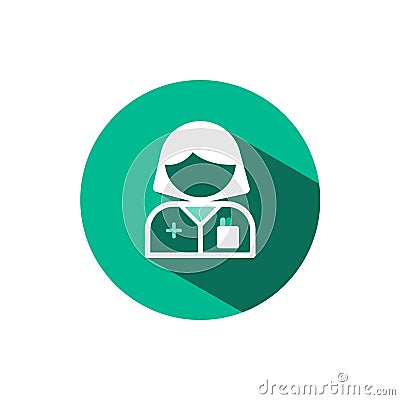 Pharmacist woman icon with shadow on a green circle. Vector pharmacy illustration Vector Illustration