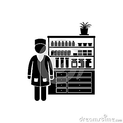 Pharmacist Woman Near the Showcase with Medical Supplies Vector Illustration