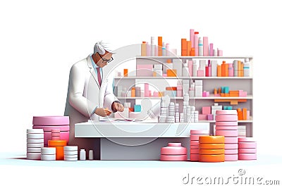 Pharmacist during the work 3d colorful illustration - Generative AI. Cartoon Illustration