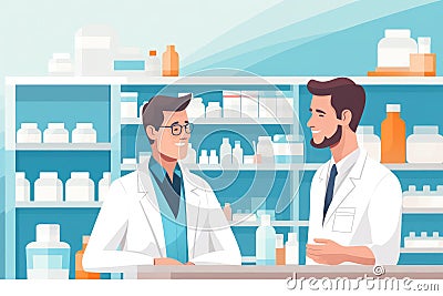 Pharmacists in uniforms discussing medication at work Stock Photo