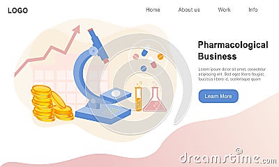 Pharmacological and heath care drugs development business concept. Pharma industry with medical equipment and therapy pills resear Stock Photo