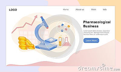 Pharmacological and heath care drugs development business concept. Pharma industry with medical equipment and therapy pills resear Stock Photo