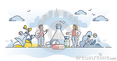 Pharmacology and medical drugs research and pill innovation outline concept Vector Illustration