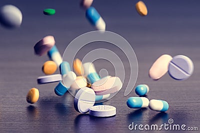 Pharmacy background on a dark table. Levitation pills. Tablets on a dark background which falling down. Pills. Medicine and health Stock Photo