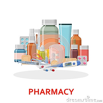 Pharmacy background. Different medical pills, plaster, thermometer, syringe and bottles Vector Illustration