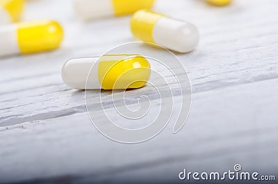 Pharmacy background on a white table. Tablets on a white background. Pills. Medicine and healthy. Close up of capsules. Differend Stock Photo